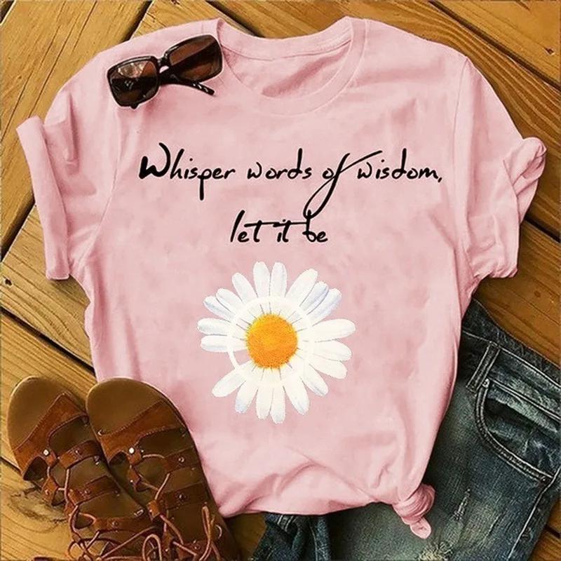 Let It Be Letter Daisy Print T Shirt Women Short Sleeve O Neck Loose Tshirt Summer Women Tee Shirt Tops Camisetas Mujer