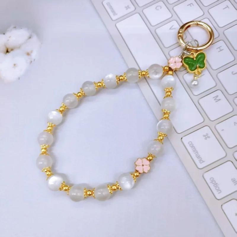 New Cat s Eye Round Bead White Bow Pendant Phone Chain Wrist Strap Bag Keychain Pendant белый