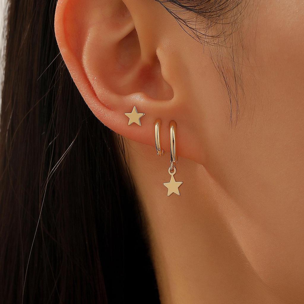 European and American Asymmetrical Star & Moon Earrings Set: Fashion Zircon Studs & Ear Cuffs