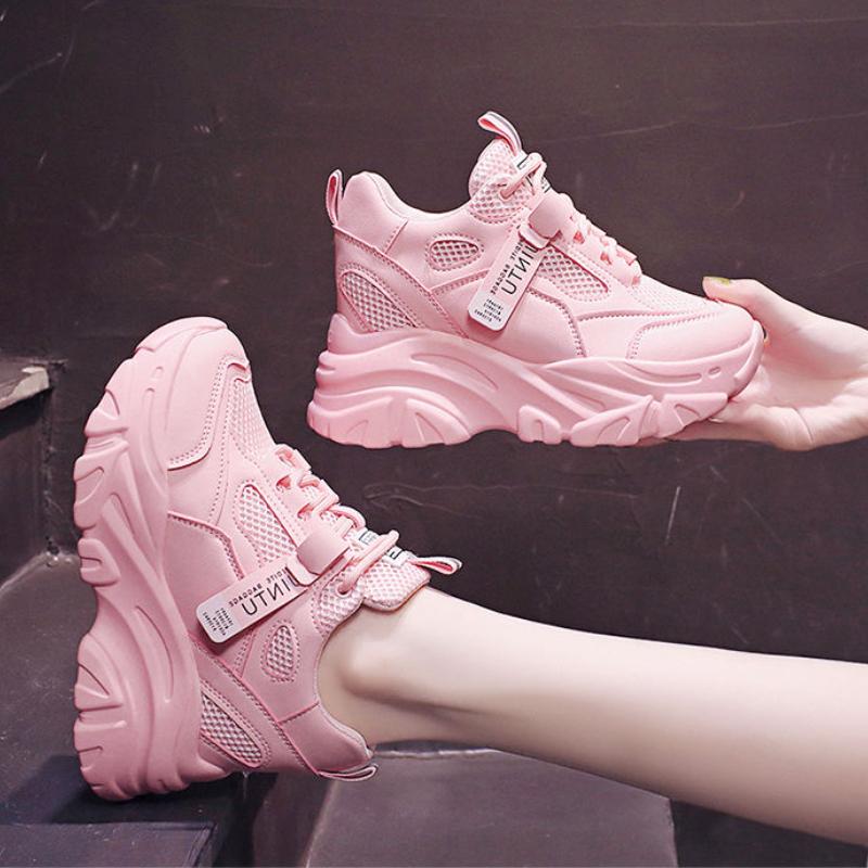 Comemore Våren Joggesko for kvinner Uformelle kvinner Chunky Mesh Tykkbunn Dame Vulkanisere Plattform Sportssko Tennis Dame Rosa