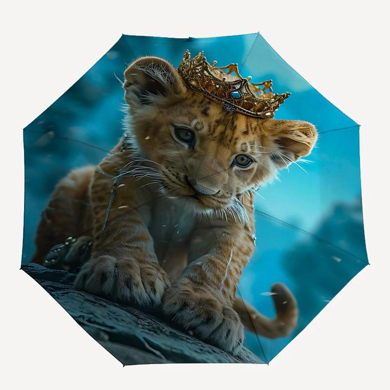 Lion Cub, Crowned Lion Themed Automatic Opening and Closing Umbrella, Brightly Colored 8-rib Portable Umbrella, Suitable for Men and Women, A Perfect