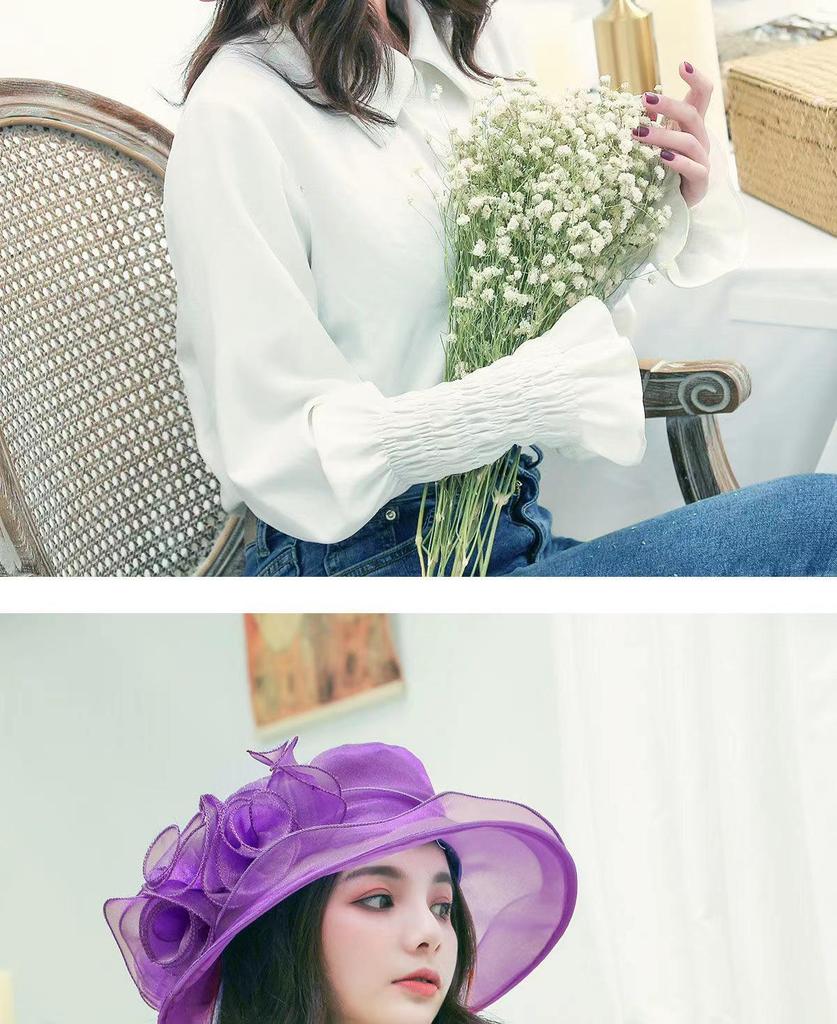 Women's Vintage Organza Sun Hat with Mesh Flower Details