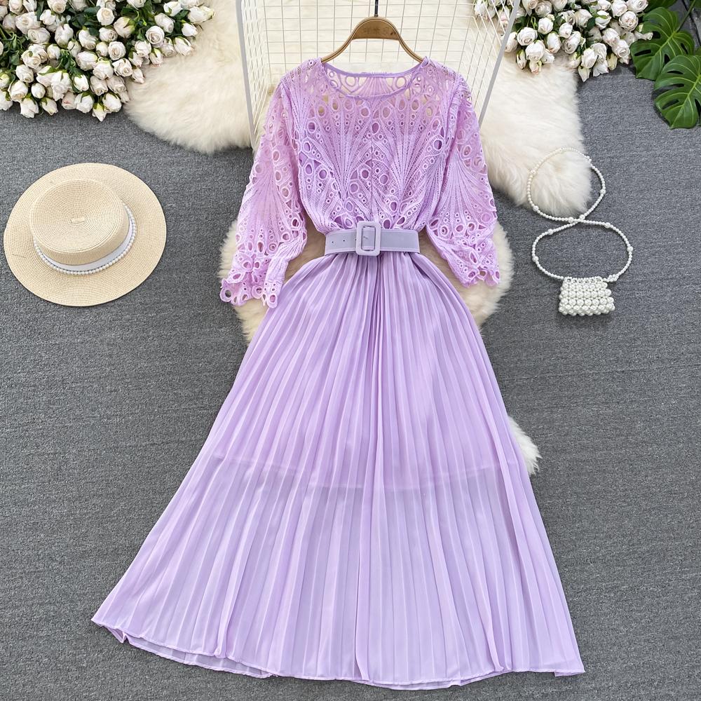 Summer Women Hollow Out Lace Pleated Long Dress Vintage Female O-Neck Yellow/Purple/Blue/Black Patchwork Draped Maxi Vestidos