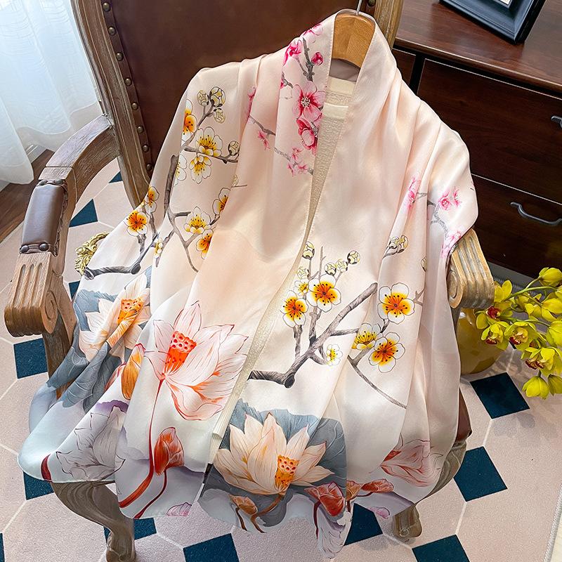 Luxury Brand 100% Real Silk Scarf Women Designer Shawls and Wraps Elegant Floral Print Pashmina Soft Long Scarves Femme Hijab
