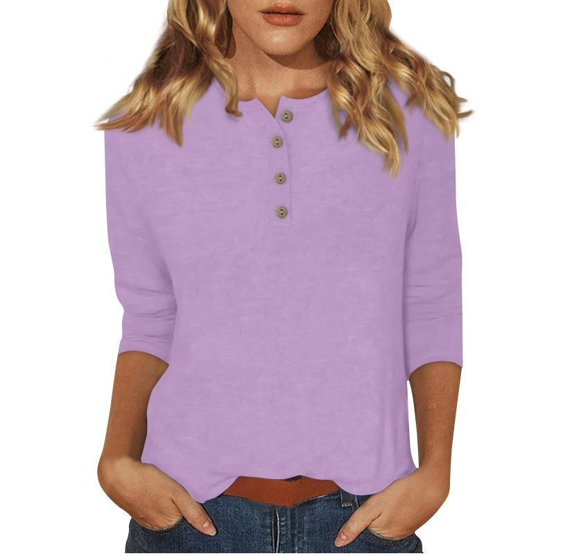 Women's Long Sleeve Round Neck Button Detail Blouse Solid Color Casual Top
