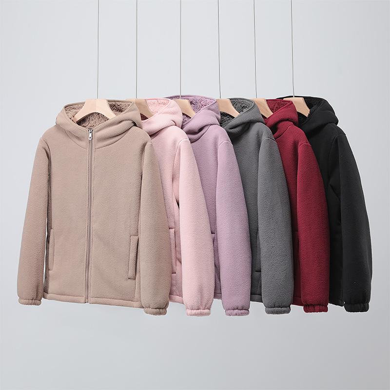 Women's Double-Sided Fleece Sherpa Hooded Windproof Velvet Jacket for Autumn and Winter