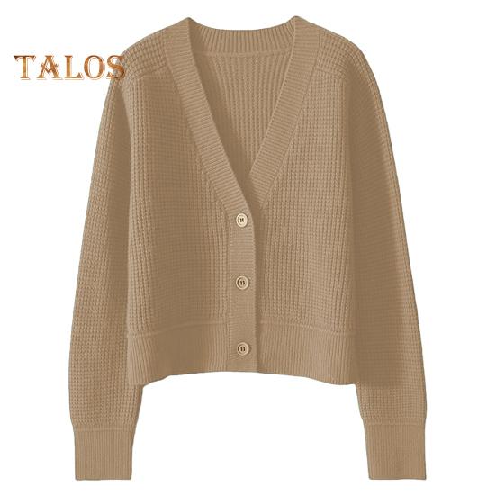 Женский свитер, пальто с V-образным вырезом, длинным рукавом, ребристой отделкой, трикотажная верхняя одежда, однотонные свободные топы для путешествий, уличная одежда хаки