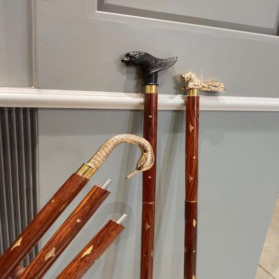 Handmade Animal Head Walking Cane Solid Brass Handle Wooden Stick Gentleman Decor Set Of 2