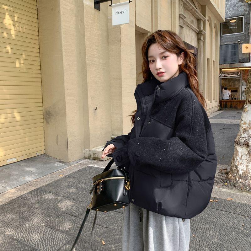 Women Stand Collar Short Spliced Windproof Padded Coat Warm Winter Casual Outerwear