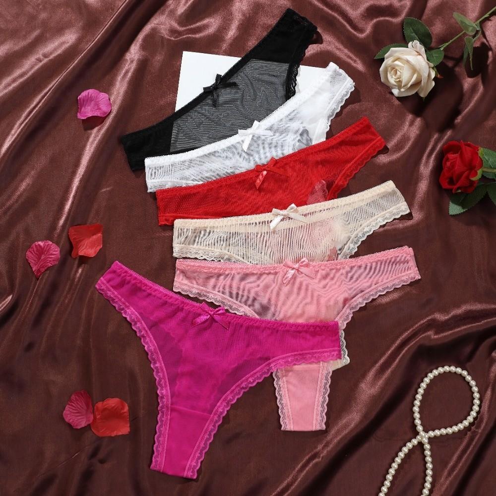 Solid Color Lace Transparent Thongs Soft T-back Panties Fashion Low Waist Briefs  Daily Wear