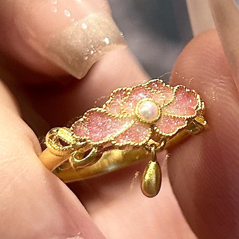 Retro palace style tassel light luxury exquisite enamel ring Hibiscus Pink Flowers rings for women wedding romantic resizable золотой