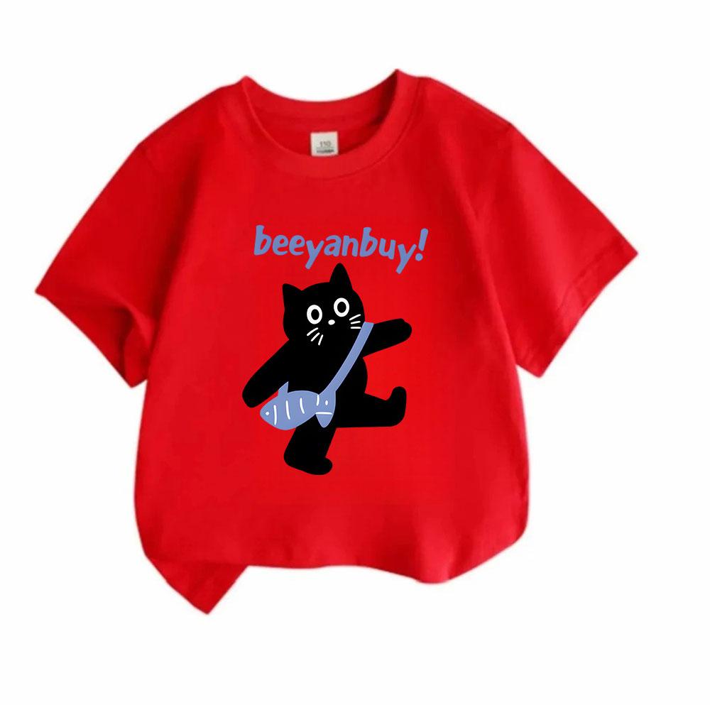 Kids Boys Girls 100% Cotton Crew Neck Short Sleeve T-Shirt, Casual Cute Black Cat Carrying Fish Bag Printed Soft Comfortable Tee Top for Daily Outdoor
