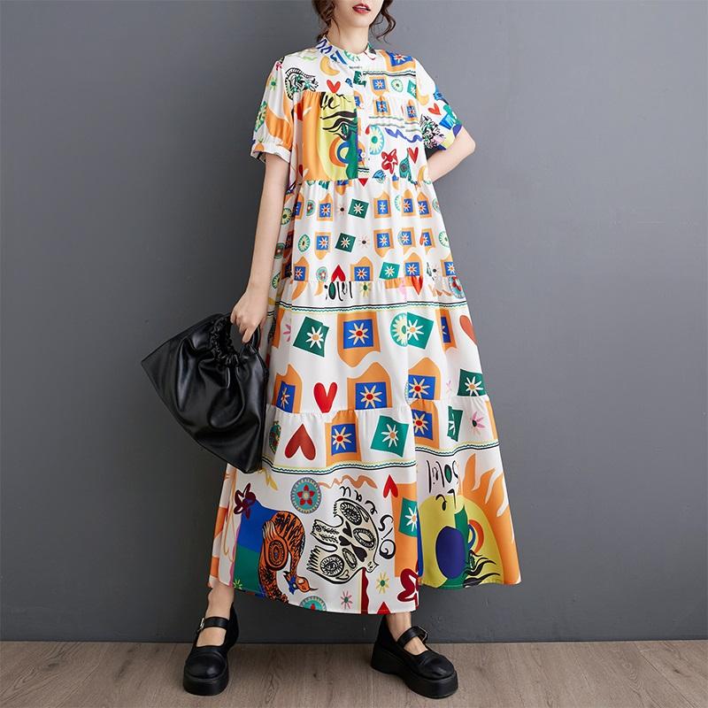 Krátký rukáv Nadměrná velikost vintage květinová novinka v šatech pro ženy ležérní volné dlouhé letní šaty