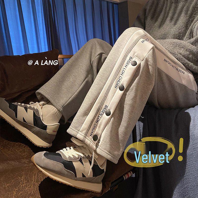 Men's Winter Fleece-Lined Wide-Leg Side Button Straight-Leg Sweatpants