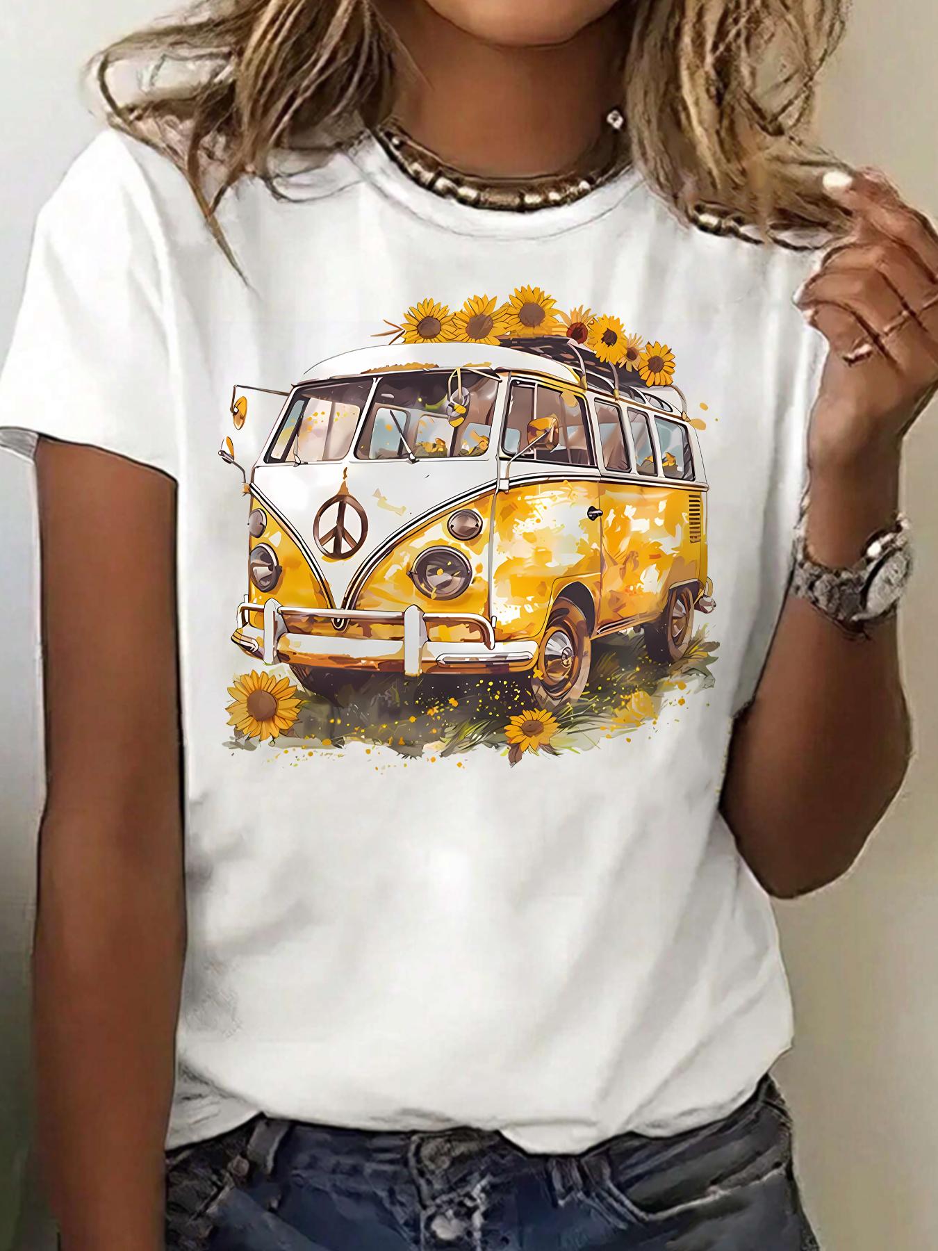 

Sunflower and bus pattern round neck plus size women T-shirt short sleeve trend printing elastic half sleeve T-shirt XL