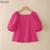 ZANZEA Women Square Collar Casual Short Sleeve Grid Print Blouse
