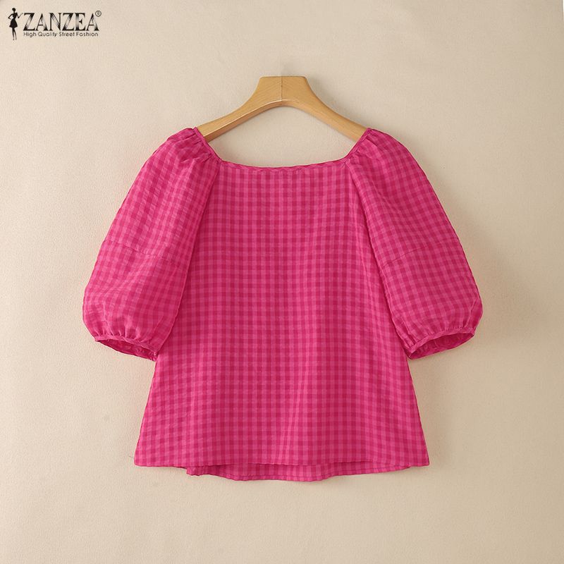 ZANZEA Women Square Collar Casual Short Sleeve Grid Print Blouse