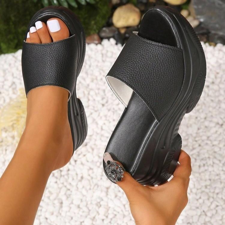 

2025 новые летние уличные тапочки женские маффины толстая подошва увеличивающие рост нескользящие пляжные сандалии повседневные тапочки на танкетке женщины 42 чёрный