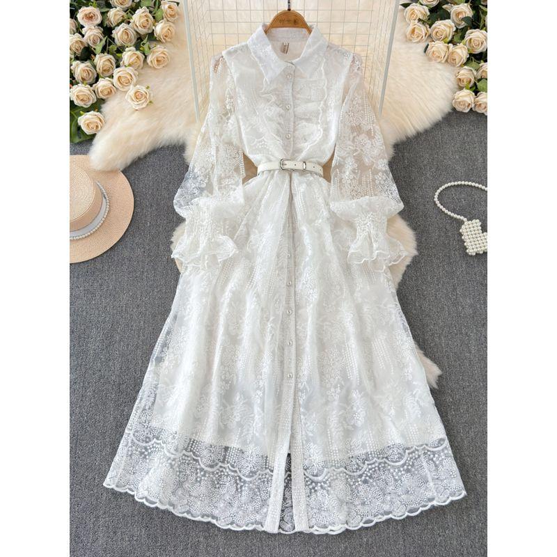 Waist Trimming below the Knees Long Sleeves Elegant Graceful Lace First Love Skirt