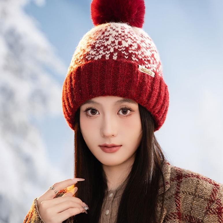 Autumn and Winter Windproof Thickened Thick Thread Wool Hat Knitted Hat Jacquard Warm Ear Hat Women's Outdoor Travel