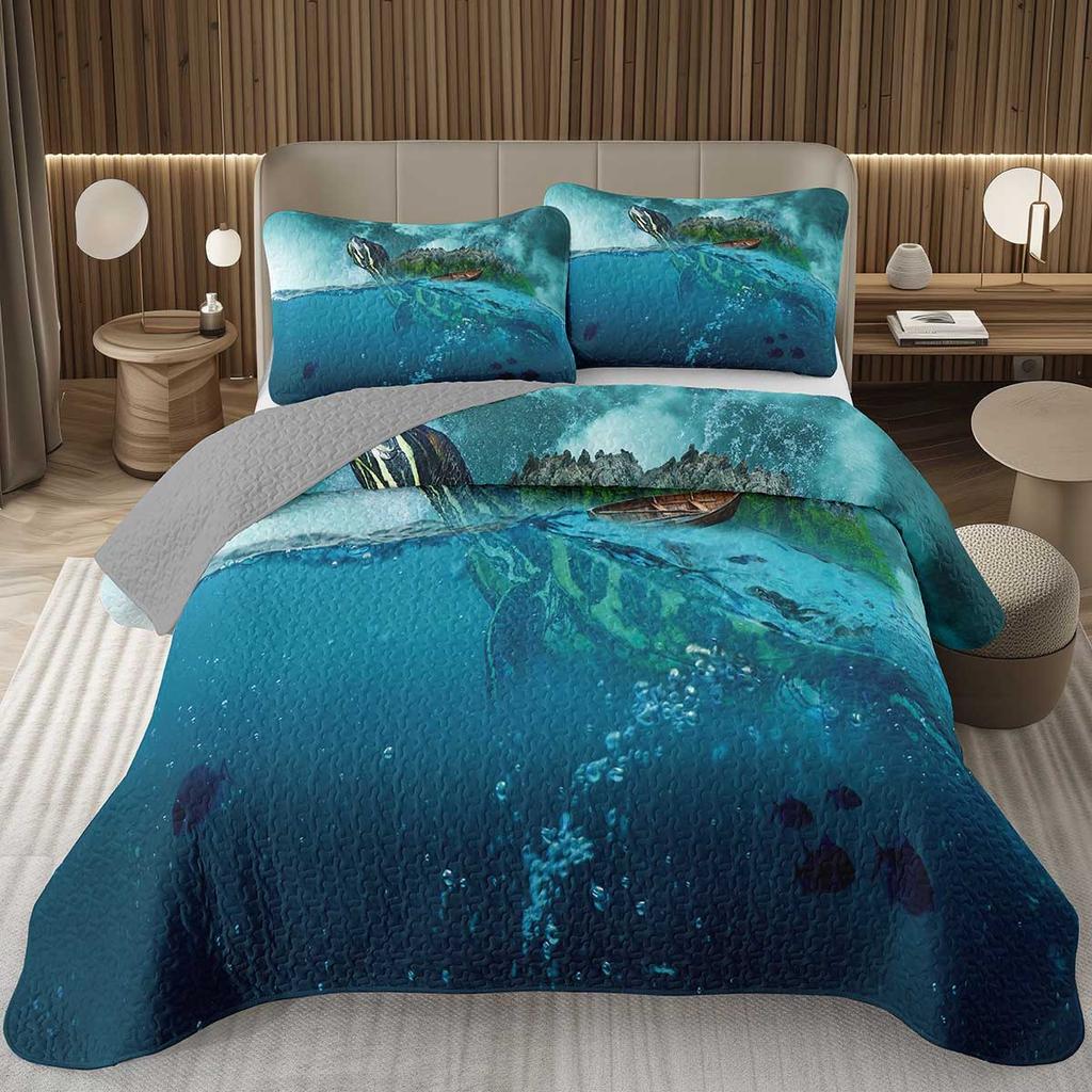 Sea Turtle Bedspread Queen Twin Underwater World Ocean Animal Coverlet Reptile Tortoise Print Quilted Bedding Set for Kids Adult