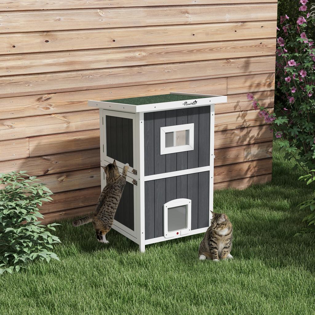 Outdoor Wooden Cat House On 2 Levels with Asphalt Roof and 4 Doors, 60x60x90.5cm, Grey