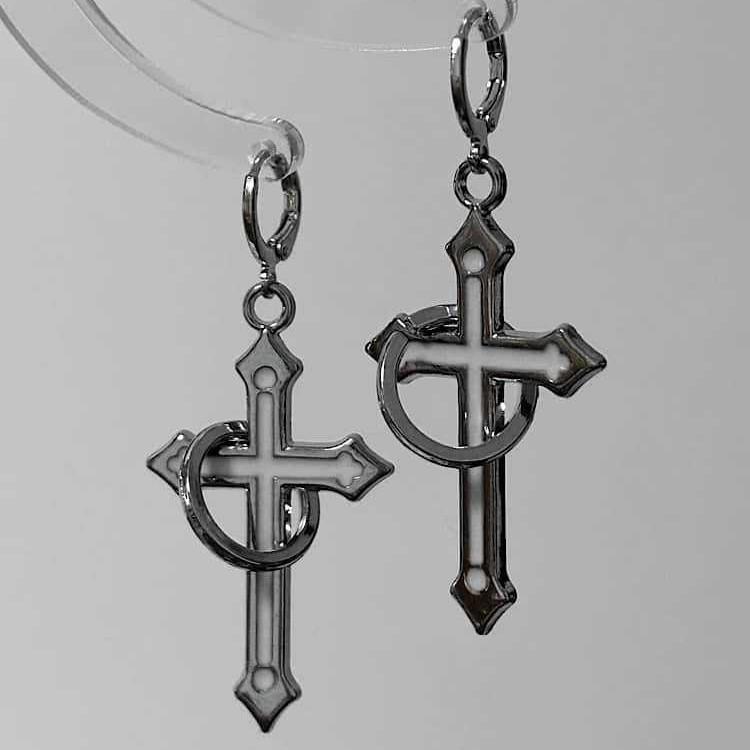 

Rock Gothic Sliver Color Circular Ring Cross Dangle Earring for Women Men Exaggerated Hoop Earrings Y2K Alt Aesthetic Jewelry