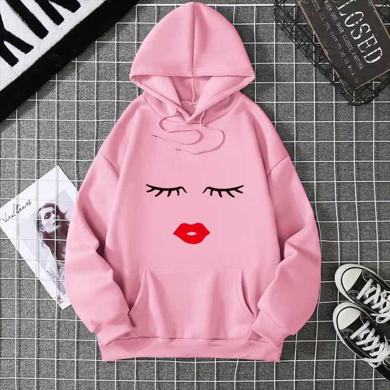 2025 Pretty Cute Eye Lashes Red Lips Print Women Hoodie Summer Casual Short Sleeve O Neck t-shirt Ladies White Hooded Sweatshirt