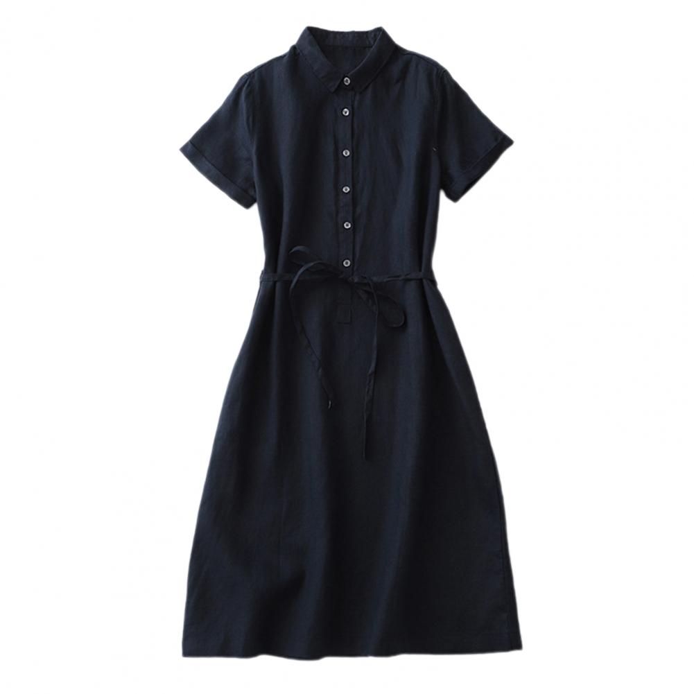 Summer Lady Dress Turn-down Collar Short Sleeves A-line Big Hem Pure Color Lace-up Strap Half Single-breasted Midi Dress Dating