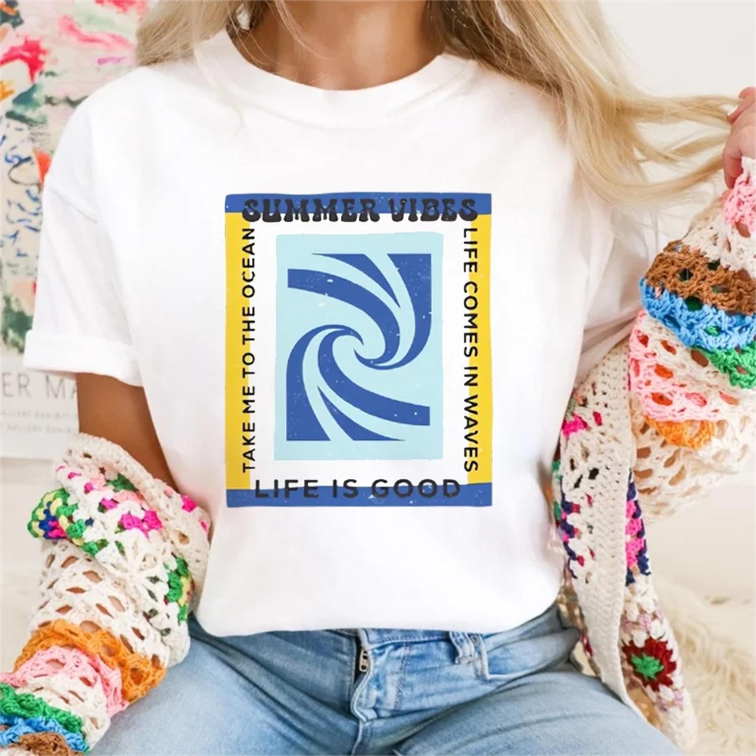 

Retro Women s Aesthetic Pattern T-Shirt Watercolor Travel Clothing Casual O-Neck Fashionable Short Sleeved Basic Versatile Top XXXXXL білий