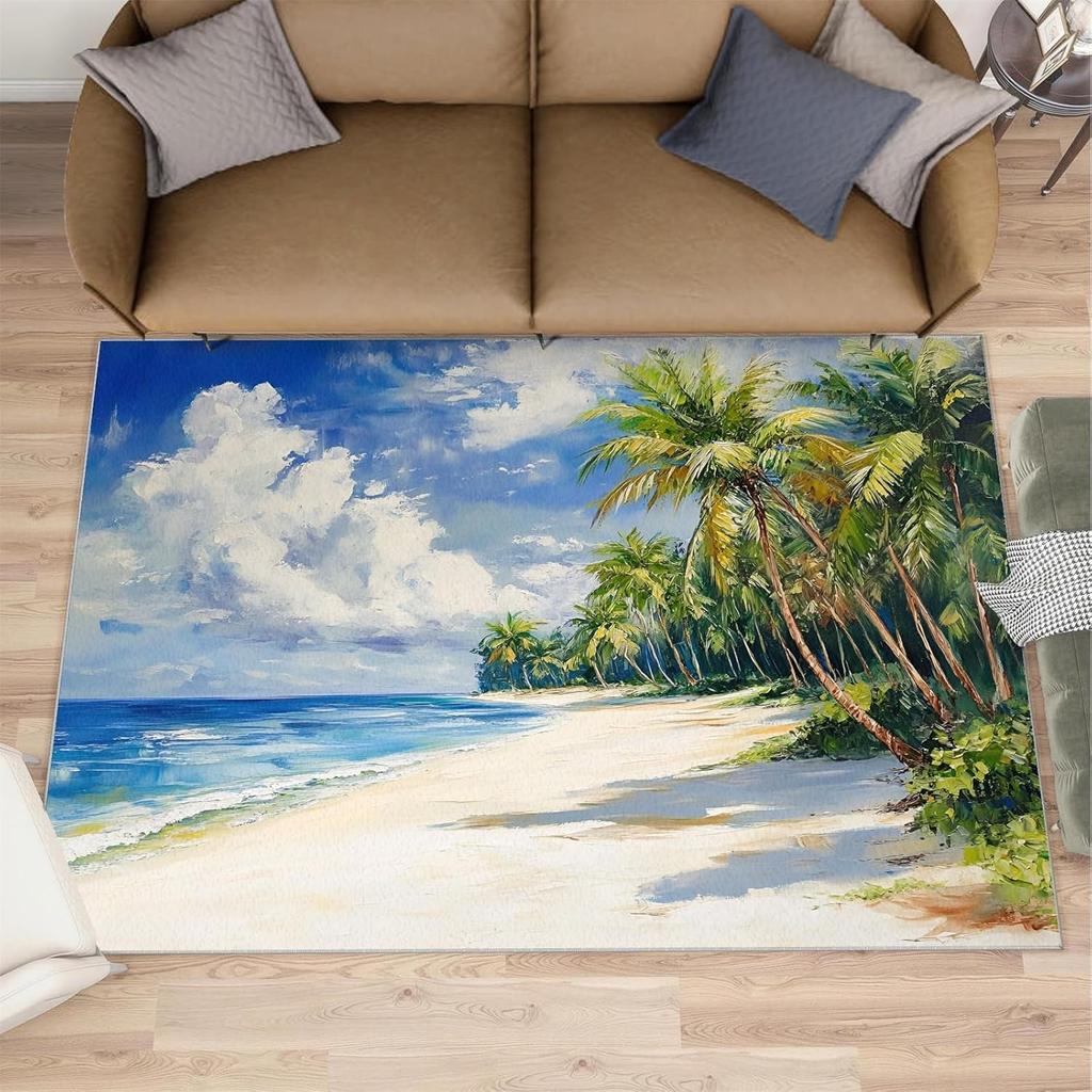 Tropical Beach Scene Carpet Sky Cloud Palm Trees Sand Print Rug Vacation Style Rectangular Anti-Slip Mat for Living Room Bedroom