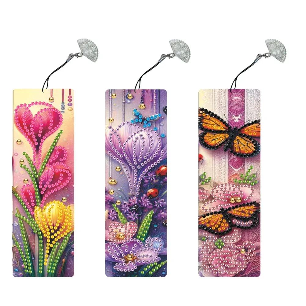 3Pcs Special Shape Flower Diamond Bookmark Art Projects Diamond Painting Bookmark Making Kit Diamond Art Bookmark with Pendant