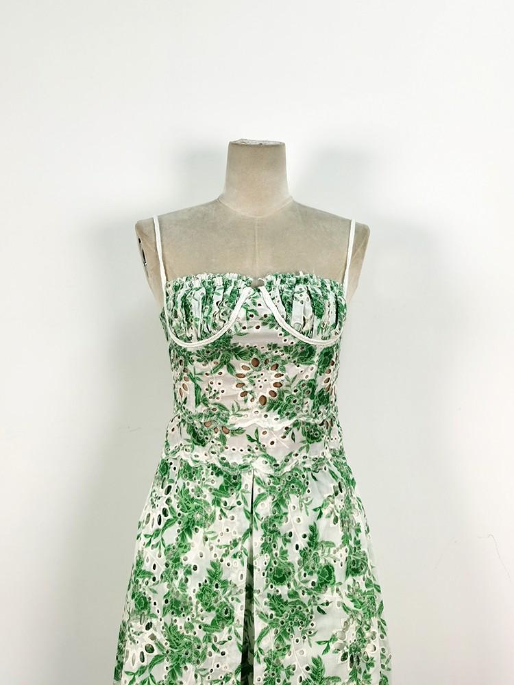 Vietnamese Designer Floral Embroidered Suspender Dress & Slim Split Long Skirt Set