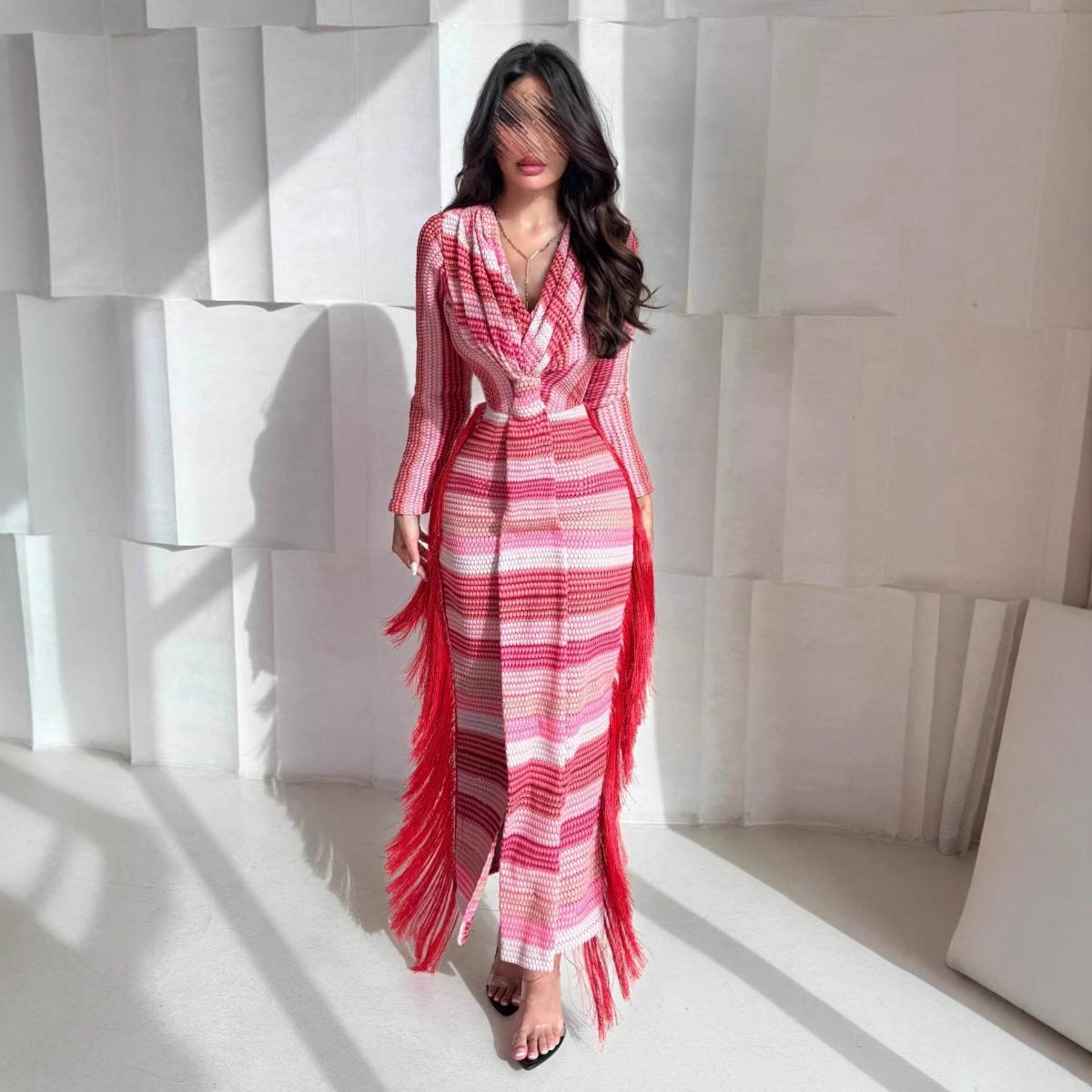 Summer New Ombre Tassel Evening Dress, Women s Cross-border Party Gradient Dress S
