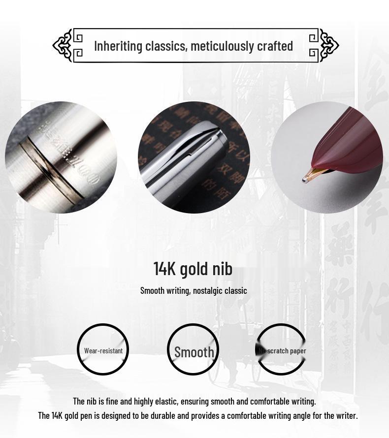 HERO 100 Fountain Pen with 14K Gold Nib and Half-Steel Sleeve in Engravable Gift Box - Ideal for Graduation or Commemorative Gifts.