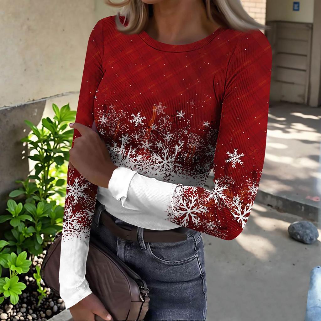 Women's  Slim Bottom T-shirt Fashion Casual Gradient Printing Round Neck Pullover Long Sleeve Top