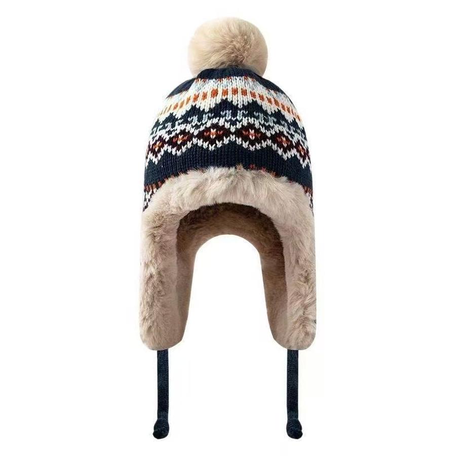 Ethnic Style Hat for Women, Winter Knit Warm Thick Fleece Headwear, Anti-Cold, Thick Fleece, Slim Face, Ear Protection Hat, Iron Hat