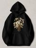 Black Pullover Hoodie with Vintage Floral Bouquet And Dragonfly Print Long Sleeve Sweatshirt with Kangaroo Pocket for Casual Daily