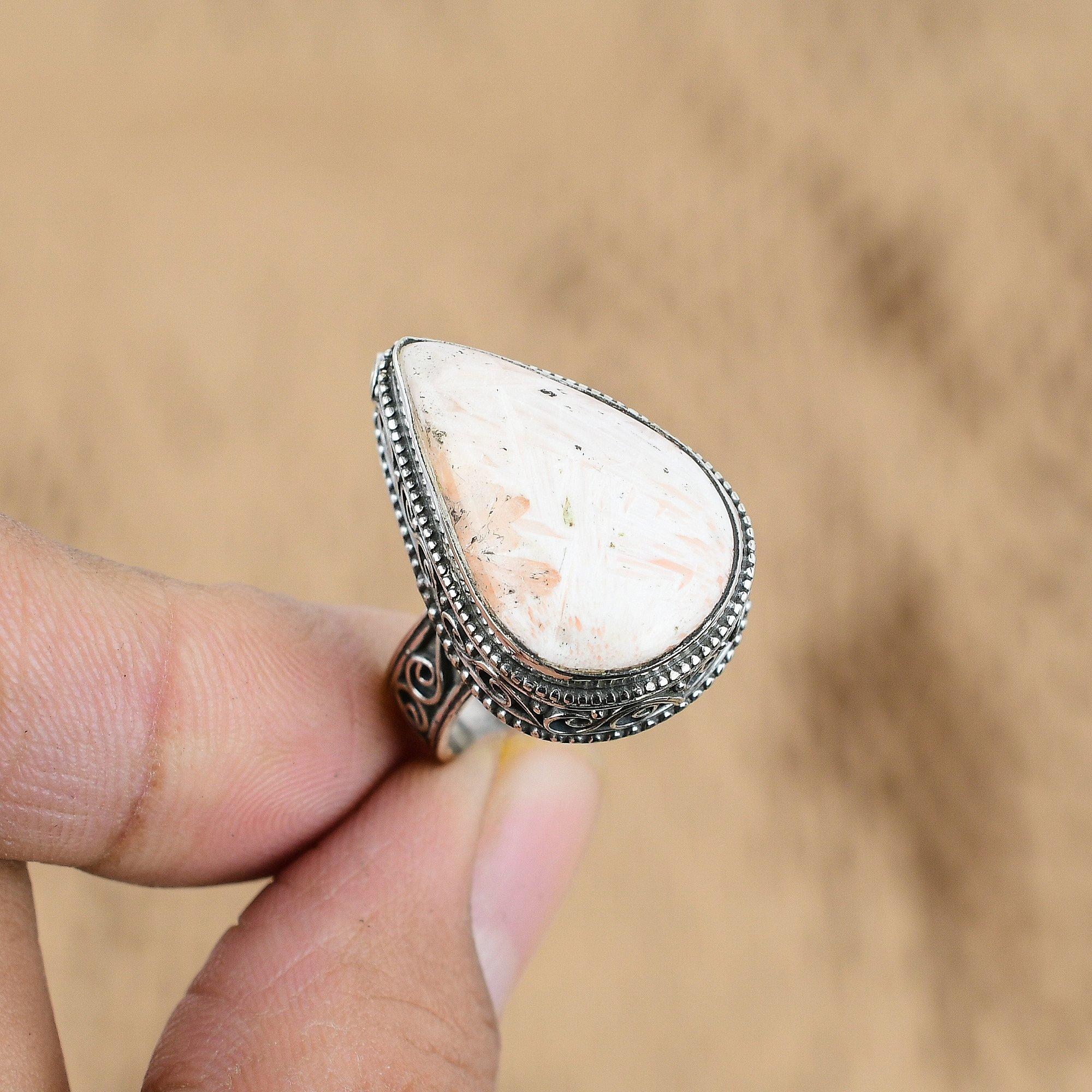 

Pear Scolecite Stone Promise Vintage Wedding Ring Jewelry Size 8 Sterling Silver No