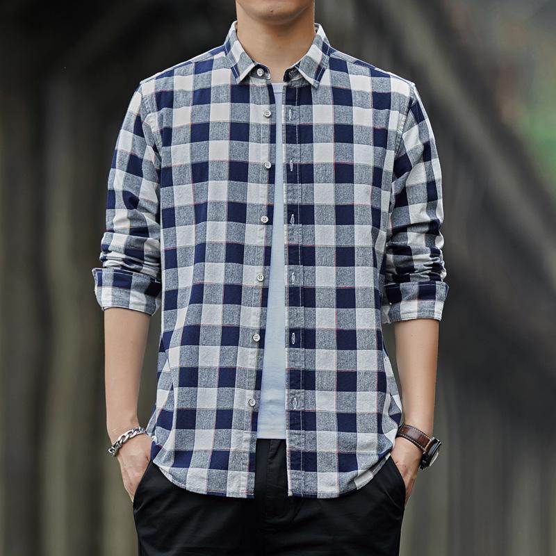 Men's Long Sleeved Checkered Shirt Casual Loose Pure Cotton Shirt