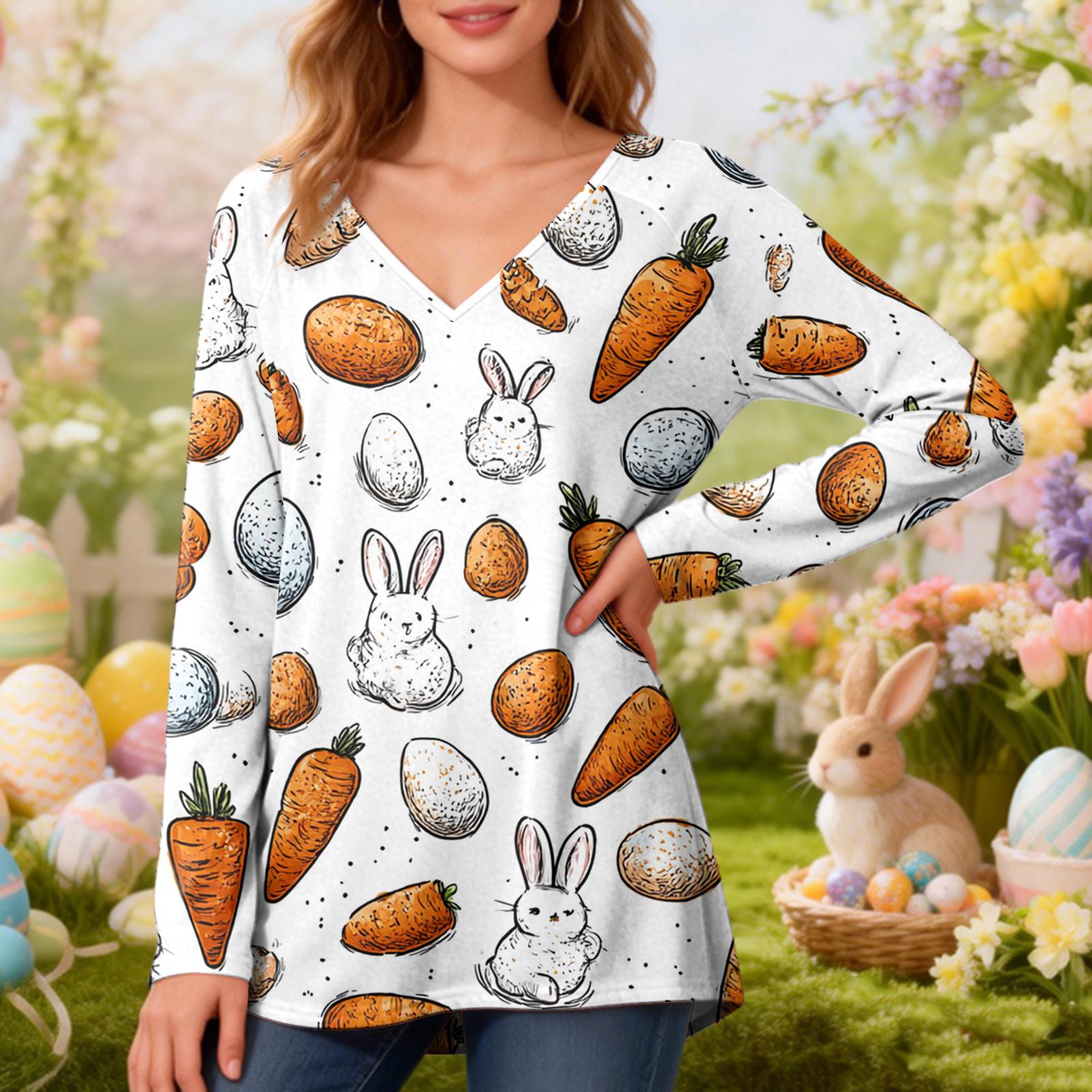 

Women s Fashionable Casual Long-Sleeved Easter Print V-Neck Mid-Length Top XL білий