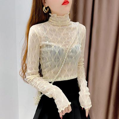 Weiches Mesh-Basisshirt mit hohem Kragen für Damen im Herbst und Winter mit dünnem transparentem Tüll und schwarzen Pilzkanten, langärmeliges und stilvolles Spitzentop