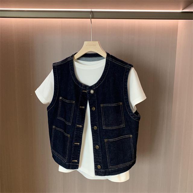 Korean Style Retro Dark Blue Round Neck Denim Vest - Women's Petite Sleeveless Fashion for Spring & Autumn