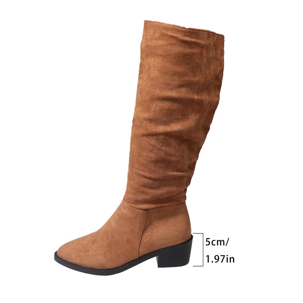 New Western Boots for Ladies Round Toe Chunky Heels Zipper Flock Pleated Large Size Retro Women Knee High Booties Zapatos Mujer