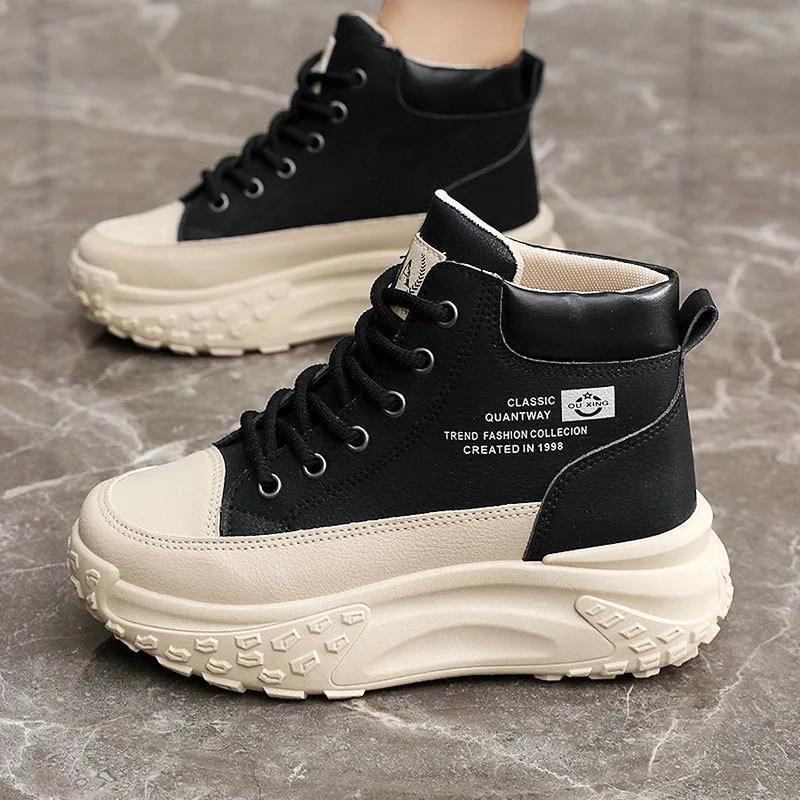 2025 Autumn Casual Sneakers Shoes Color Blocking Thick Bottom Heightening Women Shoes Winter Leather Fashion Outdoor Flat Shoes