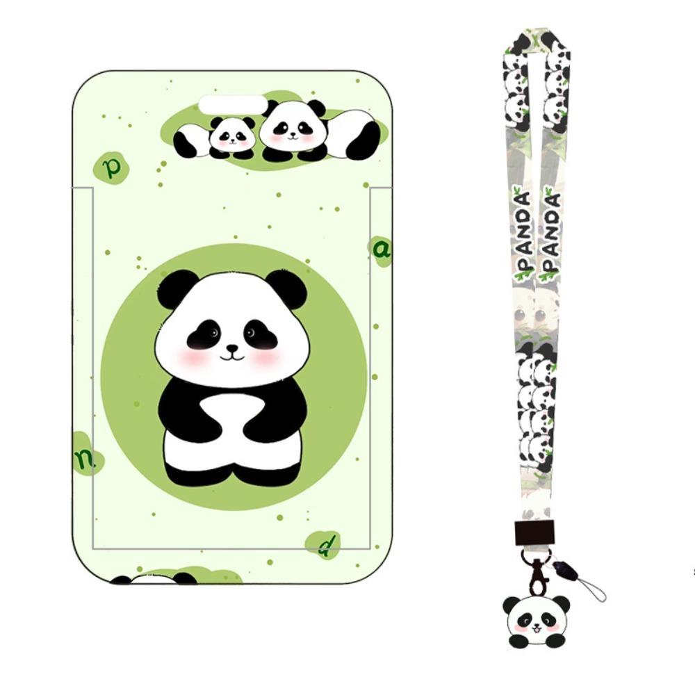 New Panda Printing Plastic Card Holder with Long Lanyard Slide Card Case ID Card Protective Cover