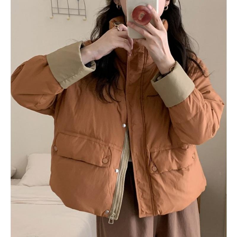 

Реальный снимок корейской версии, новый цветной пуховый хлопковый костюм для женщин, короткий модный свободный костюм с воротником-стойкой и толстым пальто M оранжевый