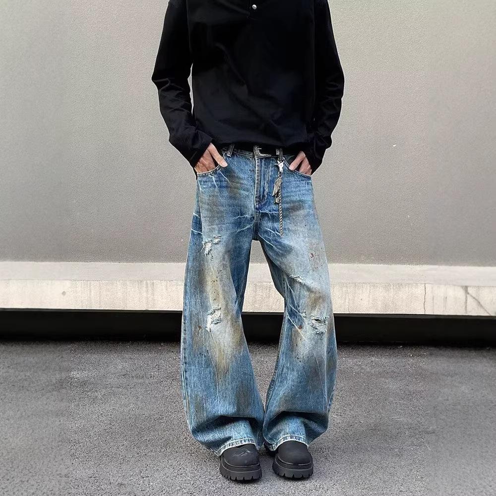 American retro loose dirty jeans men's niche design sense ripped cat whisker pants couple tide high street casual