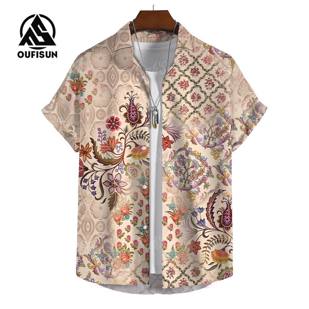 Summer Fashion Bohemian Style Patchwork Print Tops Men's Short Sleeve Casual Shirt Tops Vacation Travel Oversized Shirts