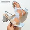 Square Toe Lace Flower High Heel Sandals Women's New Chunky Heel Sky Blue Sandals for Women Beach Party Dress Shoes Fashion